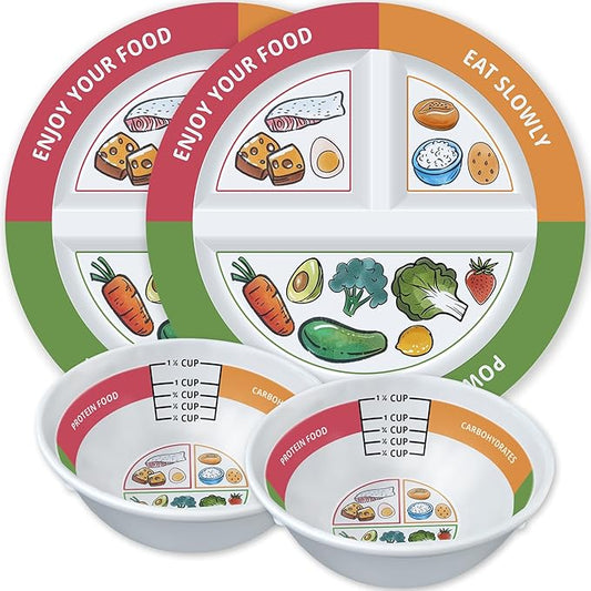 4 Pcs Portion Control Plates & Bowls Set (9 Inch), Self-Measuring for Weight Loss, Gastric Bypass, LapBand, Diabetes, & Healthy Diets, Divided Nutrition Plates for Adults & Children