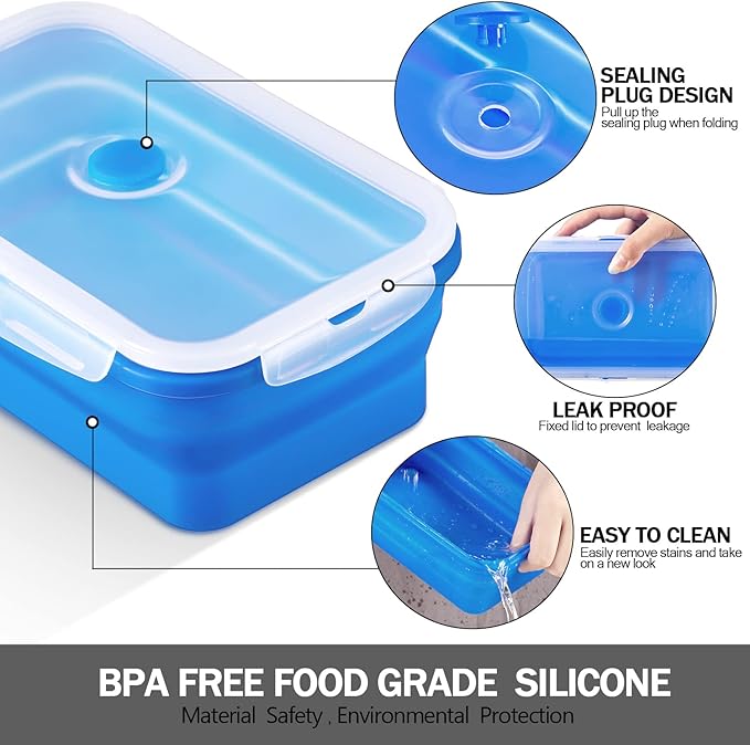 8 Pack Collapsible Food Storage Containers Silicone Lunch with Lids, 4 Pcs Rectangle Bowls and Round Bowls, Microwave Freezer Dishwasher Foldable