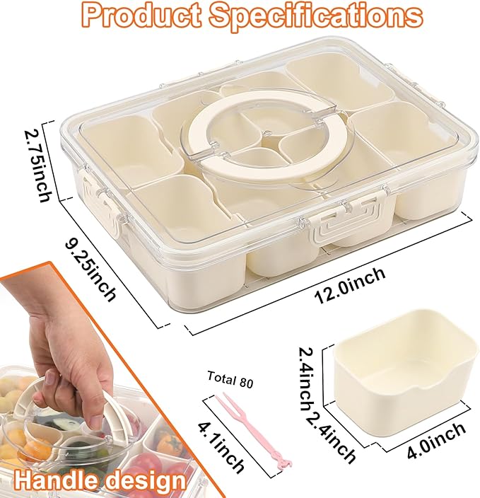 Divided Snackle Box Charcuterie Container with Lid and Handle, Portable Snack Serving Tray with 8 Compartments for traveling, Party, Fruit, Nuts, Candy, Entertaining, Picnic, 2 Pack