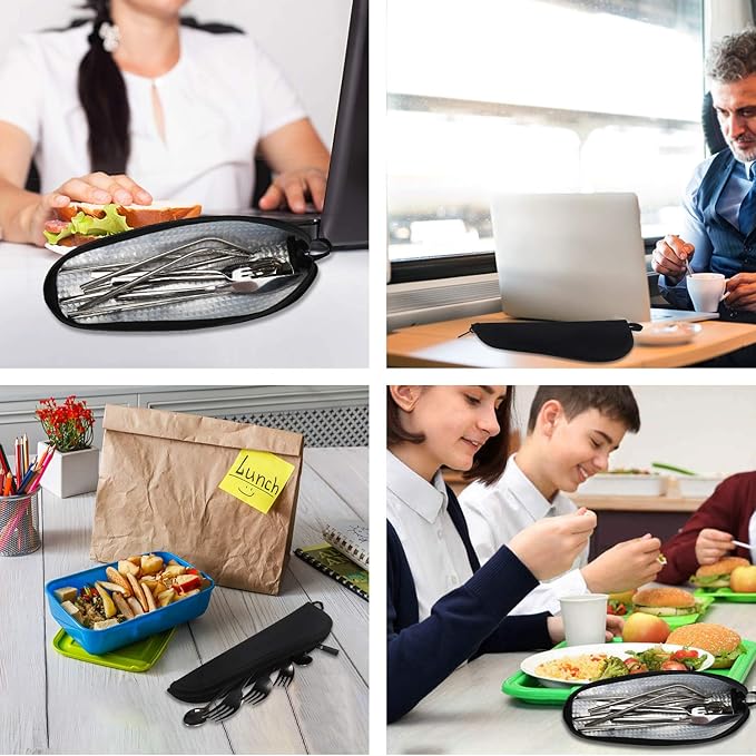 Travel Utensil Sets Carrying Case 2-pack Portable Cutlery Set Bag Reusable Silverware Set Stainless Steel Straws Pouch Chopsticks Knife Fork and Spoon Holder for Bento Lunch Box Black&Grey, Aosbos