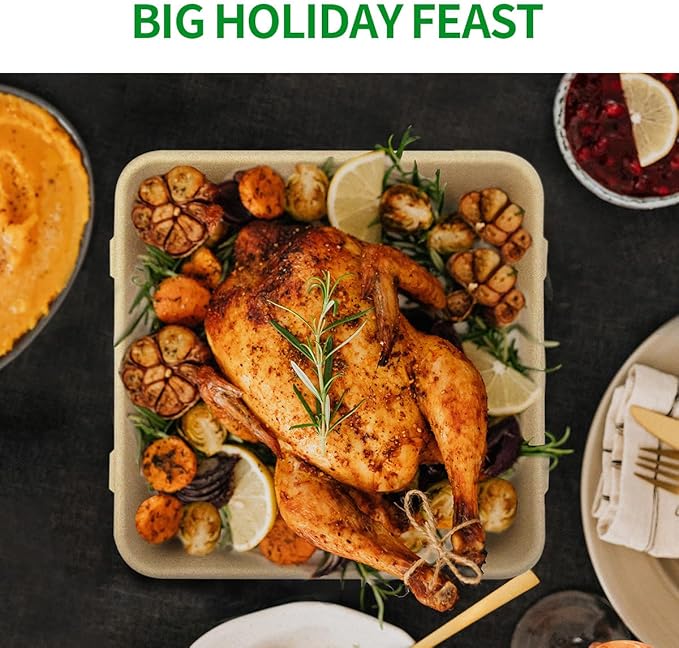 bloomoon 50 Pack 9 x 9 inch Deep Large Paper Plates, Compostable Bamboo Pulp Tray with High Rim for Crawfish, Crab, Large Salad, BBQ Meat