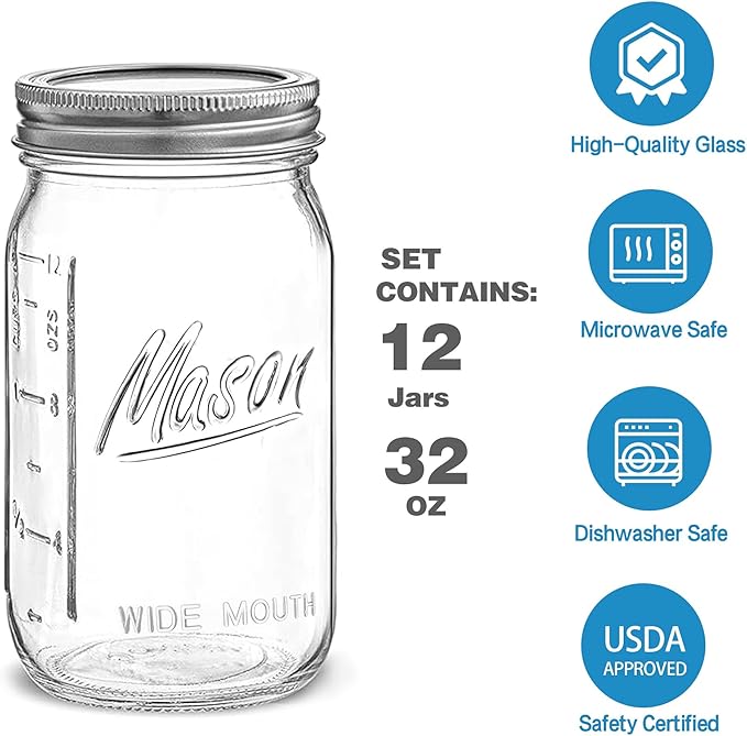 Wide Mouth Mason Jars - 32 oz, 12 Pack Large Glass Jars with Airtight Lids, 1 Quart for Pickling, Canning, Fermenting and Food Storage, Microwave & Dishwasher Safe