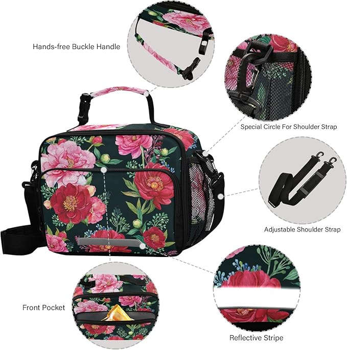 Pink Peonies Kids Lunch Bag Flowers Insulated Lunch Bags Reusable Lunch Box Lunch Tote Bag for School Office Work Picnic