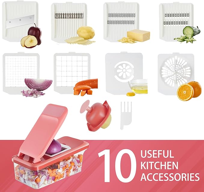 VEKAYA Vegetable Chopper, Professional Food Chopper with Container, Multifunctional Veggie Slicer, Vegetable Cutter with Detachable Blades, Onion Dicer Cutter for Kitchen (Red)