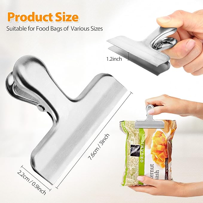 Pack of 8 Bag Clips, Stainless Steel and Heavy Duty Metal Bag Clip,Tightly Seals Chip, Coffee, Bread or Cereal Bags to Keep Food Fresh, for Home, Kitchen, Office, Pantry, Camping (Silver)