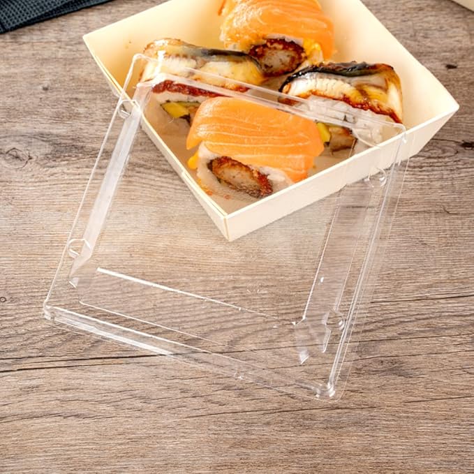 Restaurantware LIDS ONLY: Taipei 5.3 x 5.3 x 1 Inch Square Transparent Lids 100 Plastic Lids For 14 Ounce Square Flare Wooden Containers - Containers Sold Separately Clear Plastic To Go Box Lids