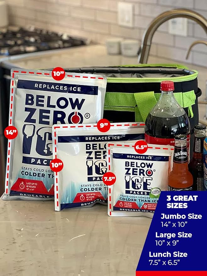 Below Zero Prefilled Reusable Ice Packs for Coolers | Long Lasting Freezer Ice Blocks for Camping, Lunch Bags & More | 48 Hour Cooler Ice Pack Technology