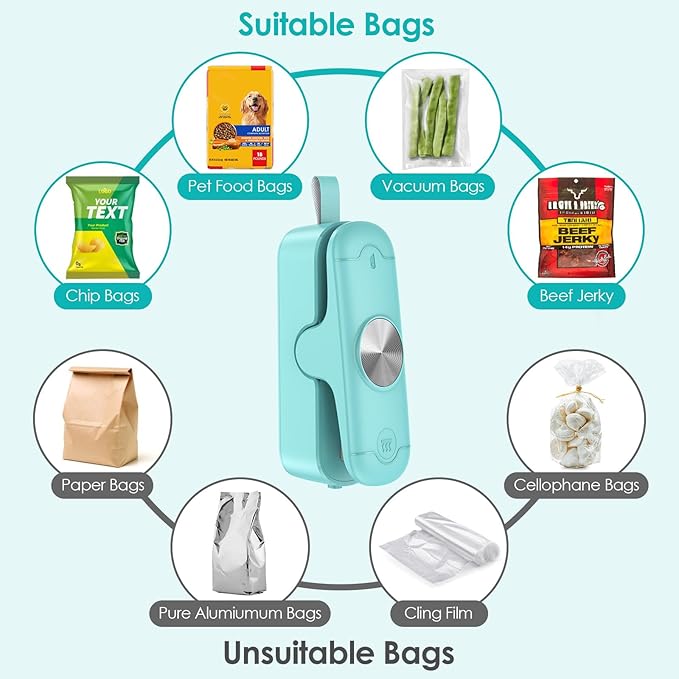 Bag Sealer, 2 in 1 Mini Bag Sealer Heat Seal and Cutter, Portable Chip Bag Sealer Heat Sealer Bag Resealer for Snacks Candies Plastic Bag Food Storage (Batteries Included)
