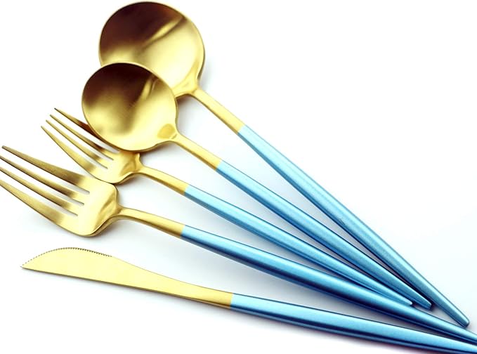 20 Pieces Matte Gold Blue Handle 18/10 Stainless Steel Silverware Set, Flatware Set Titanium Black Cutlery Set, Utensils Set for Home Restaurant Service Set for 4, Dishwasher Safe (Blue Gold)