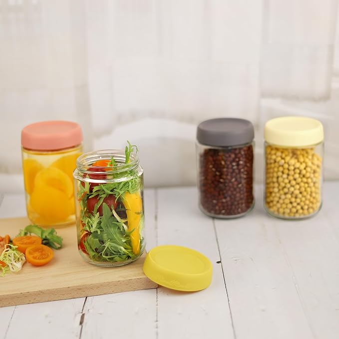 18 OZ Glass Food Jar Storage Containers with Airtight Lids, Reusable Wide Mouth Overnight Oats Glass Mason Jars for Snacks Yogurt Pudding(Multicolor 4pack-2)