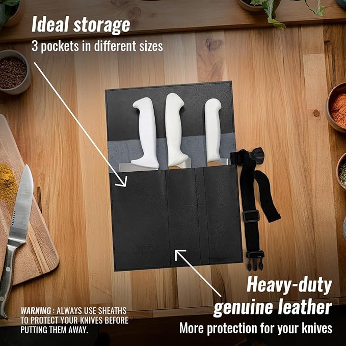 Under NY Sky Genuine Leather Knife Roll Case - 3 Slots - Real Leather Pouch - Portable Bag for Cooking Tools, Utensils, Cutlery Knives, Brushes - Chefs, Kitchen, Travel, Gift - Black L