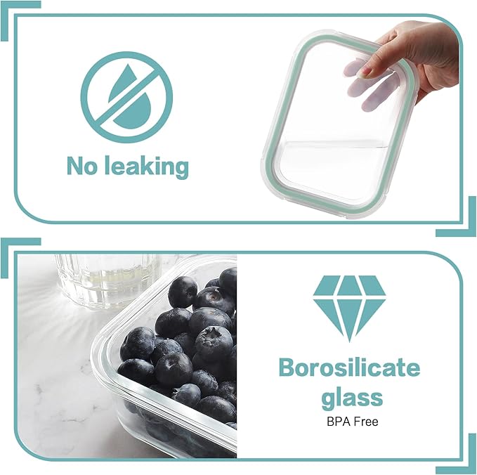 HOMBERKING 10 Pack 22oz Glass Meal Prep Containers, Glass Food Storage Containers with Lids, Airtight Glass Lunch Bento Boxes, BPA-Free & Leak Proof (10 lids & 10 Containers) - Blue
