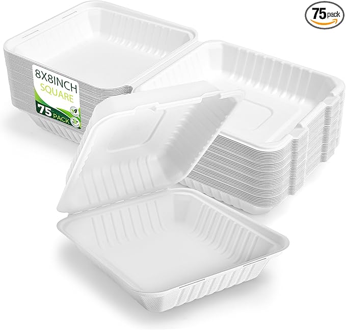 75 Pack 8”x8” Take Out Containers with Lids, EXTRA Sturdy To Go Food Containers, 100% Compostable Clamshell Take Out Containers, To Go Boxes for Food