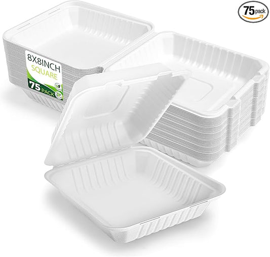75 Pack 8”x8” Take Out Containers with Lids, EXTRA Sturdy To Go Food Containers, 100% Compostable Clamshell Take Out Containers, To Go Boxes for Food