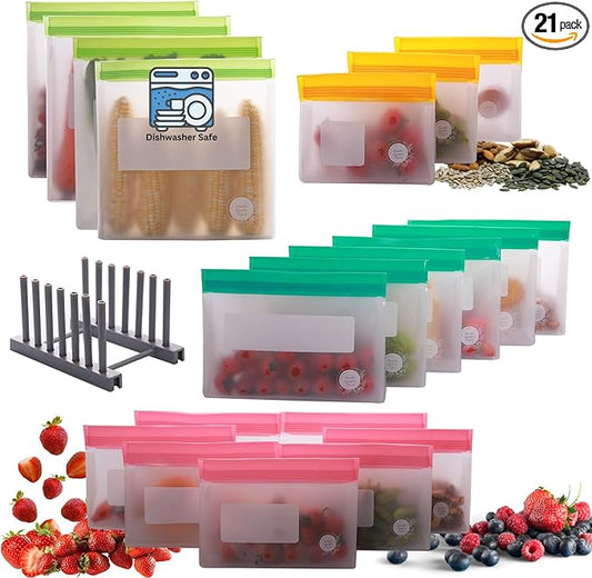 Reusable Silicone Food Storage Bags – 21-Pack Stand-Up, BPA-Free, Freezer, Dishwasher Safe & Eco-Friendly – 4 Gal, 6 L, 7 M, 3 S + Rack – Airtight Leakproof, Organization and Storage Bags (Multicolor)