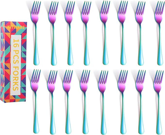 16 Pieces Rainbow Dinner Forks, 8 Inch Iridescent Silverware Meal Forks, Color Tableware Fork Set, Home Kitchen Metal Fork, Restaurant Quality Cutlery Forks