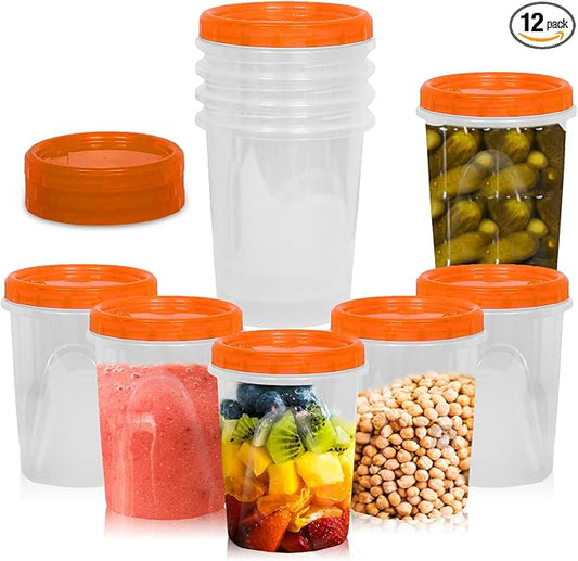[Orange - 12 Pk]Airtight Deli Containers with Lids Twist Lock Top Clear Food Storage for Meal Prep Snacks and Leftovers Freezer and Microwave Safe Stackable Leak-Resistant and 12 Pc. Set (32 Ounce)