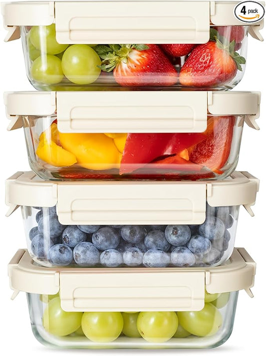 YSSOA Food Meal Prep Containers with Exclusive Glass Lids, Glass Storage Containers with Lids, BPA-Free, Glass Lunch Boxes for Lunch, Pantry Organizers and Storage, Freezer to Oven Safe, 4 Pack