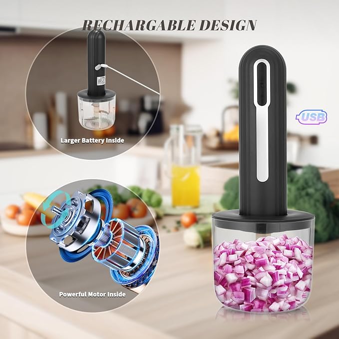 MINI Cordless Food Processor Electric Vegetable Chopper,USB Rechargable Compact Meat Grinder with 4 Cups & 2 Slicers for Baby Foods Kitchen,Mincing Pureeing Onion Garlic Chili & Spices(Black)