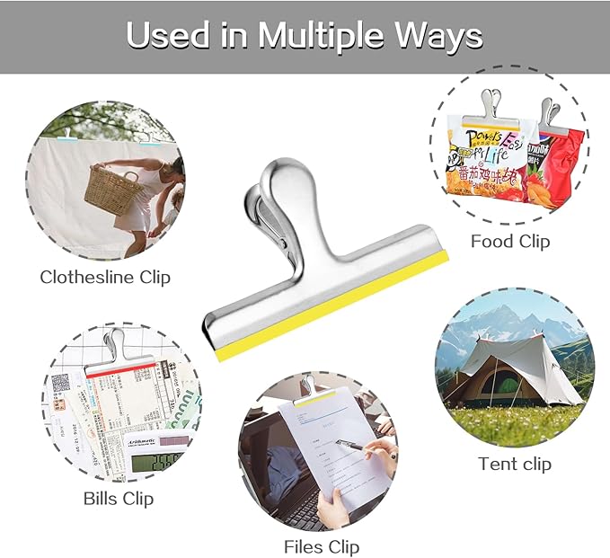 HOUSE AGAIN 6 Pack Stainless Steel Chip Bag Clips Covered with Colorful Silicone - NO More Sharp Edges - Color Coded for Food Bags - Air Tight Seal, Heavy Duty for Kitchen and Office, 5 Inches-Silver
