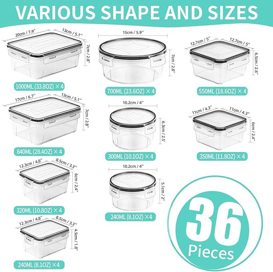 Skroam 72 piece Food Storage Containers Set with Airtight Lids (36 Containers & 36 Lids), Plastic Leak-Proof Kitchen Storage Containers for Pantry Organizers and storage - Meal Prep, Lunch Containers