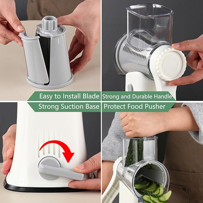 Rotary Cheese Grater 5 in 1 Cheese Grater with Handle Vegetable Slicer with 5 Interchangeable Blades, Storage Box, Green Cheese Shredder with Strong Suction Base for Kitchen (White)