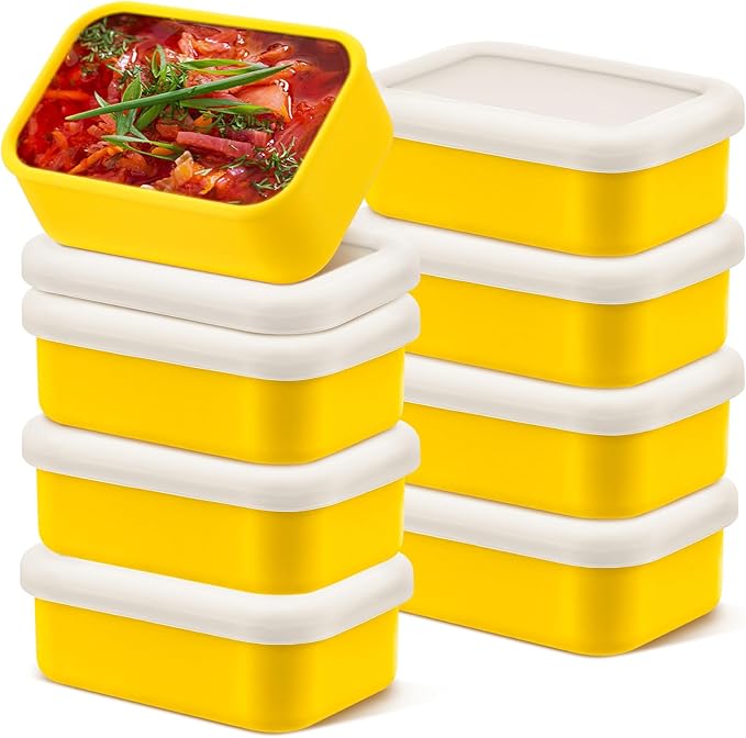 Nuogo 8 Pcs 1 Cup Silicone Freezer Trays with Lid Silicone Soup Molds Rectangle Soup Freezer Containers Reusable Food Preserving Tray Ice Trays for Soups Sauces Stews(Yellow)