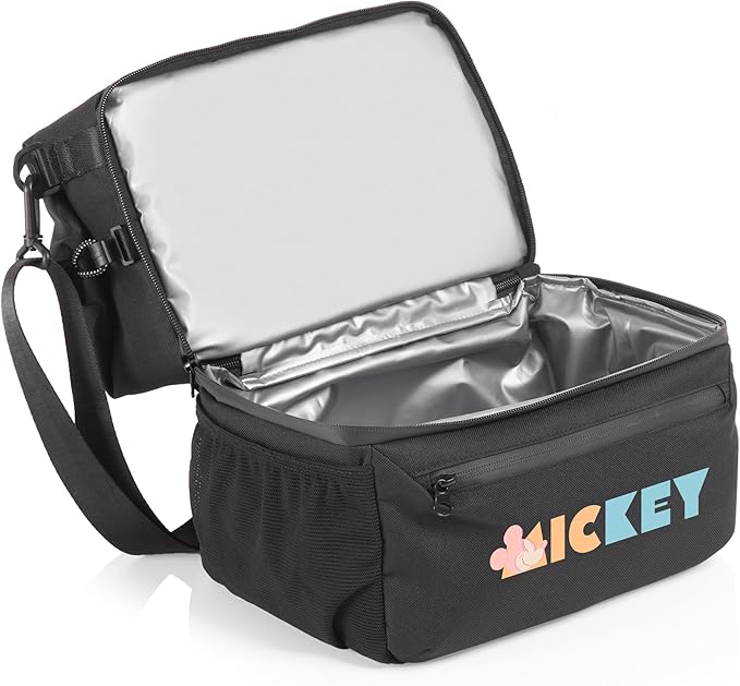 PICNIC TIME Disney Mickey Mouse Tarana Insulated Lunch Bag Made from Recycled Material, Lunch Box with Picnic Set, Upcycled Lunch Cooler Bag, (Carbon Black)