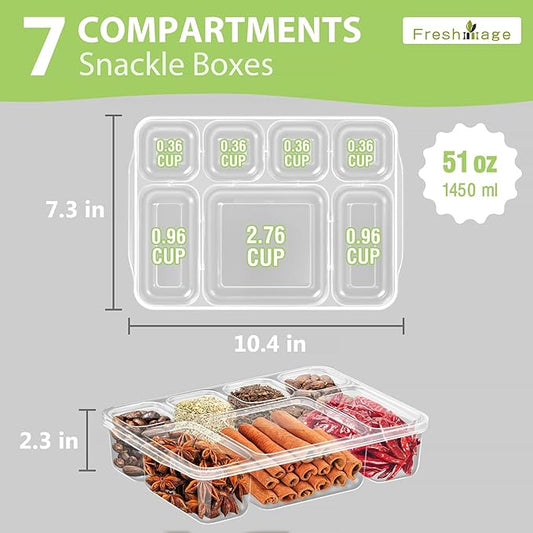 Freshmage Snackle Box Container - 2 Pack, 7 Compartment Divided Serving Tray with Lid, Portable Clear Snack Box Containers for Candy, Fruits, Nuts, and Snacks – Perfect for Travel, Parties, Picnics