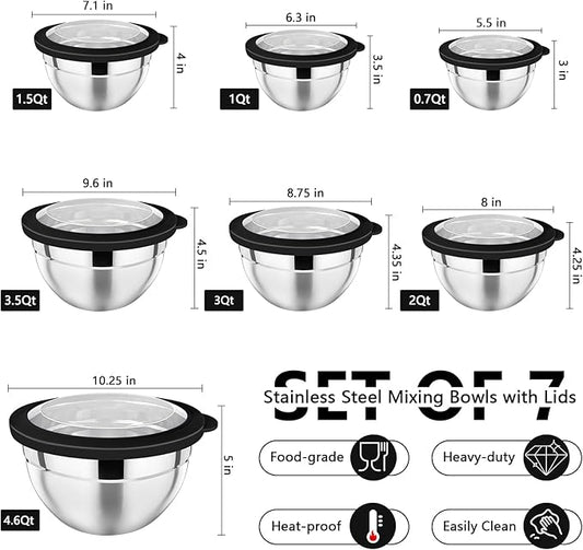 P&P CHEF Mixing Bowl with Lid Set, Stainless Steel Nesting Salad Bowls for Cooking Serving Prepping, Clear Lids & Stackable Design, Size 4.6, 3.5, 3, 2, 1.5, 1, 0.7 Qt - Black, Set of 7