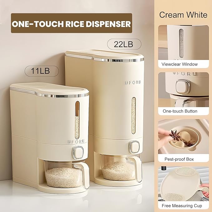 Rice Dispenser, Rice Storage Container with Measuring Cup for Kitchen Pantry Household, Cereal Dry Food Storage Containers Airtight, Sealed Moisture Proof, 11 Lbs