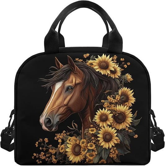 Showudesigns Sunflower Horse Lunch Box for Teen Girls 10-12 12-14 Insulated Lunch Bag Primary Middle School Cooler Tote Bag Kids Crossbody Purse Picnic Bags with Thicken Handle