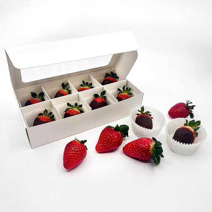 Treat boxes with window and dividers | 8 SMALL compartments | 8.75 x 4.5 x 1.9 in | Chocolate covered strawberries supplies, macaron boxes, baked goods packaging | 10-pack (White)