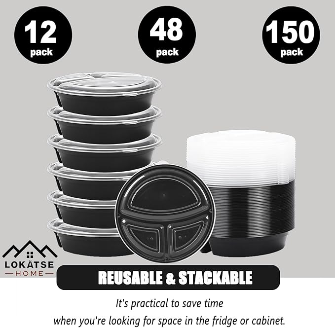 LOKATSE HOME Meal Prep Container Microwave Safe 48 Pack 3 Compartment with Lids, Round Bento Box, Food Storage Durable Stackable Reusable, BPA Free, Freezer, Dishwasher Safe (33 oz)