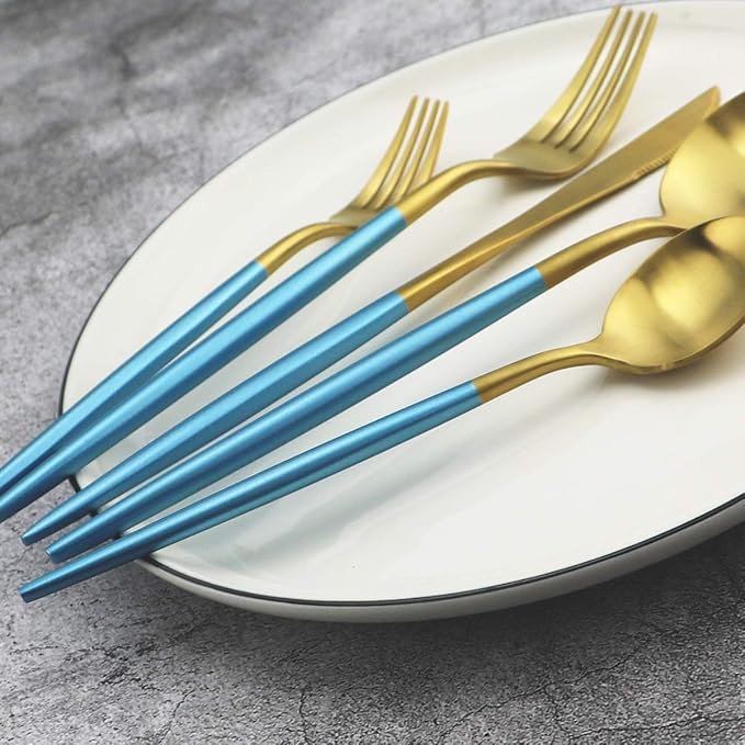 20-Piece 18/10 Stainless Steel Flatware Silverware, Luxury Dinnerware Set Travel Cutlery Tableware Include Knife Fork Spoon Service for 4, Dishwasher Safe (Blue Handle Matte Gold)