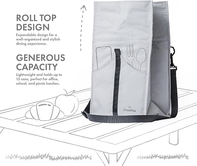 GRANDTIES Insulated Lunch Bag for Women, Men, Adults - Rolltop Leak Proof Meal Prep Lunch Box Containers, Reusable Snack Bags, Travel Cooler, Small Soft Cooler Bag, Fold Top Sandwich Bags, Grey