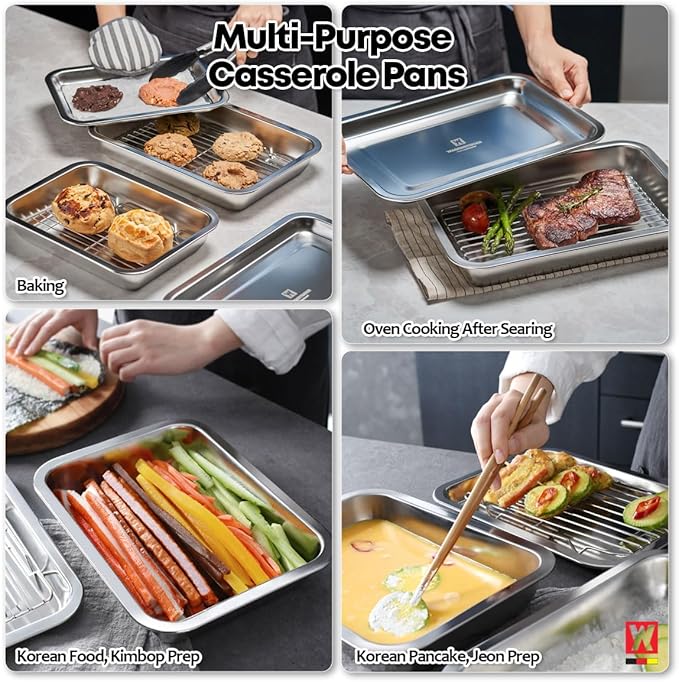 Stainless Steel Food Prep Container with Rack & Lid (Tray), 3.7Quarts, Catering Pans, Restaurant Pans, Buffet Party Pan, Roasting Pan with Rack, Bakeware Roaster, Casserole (1304 / No4)