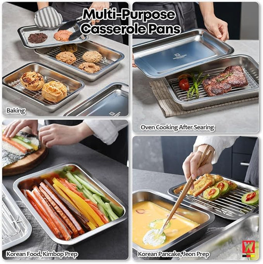 Stainless Steel Food Prep Container with Rack & Lid (Tray) 2.43 Quart / 2inch Depth, Hotel Pans, Catering Pan, Buffet Party Pans, Roasting Pan, Casserole (1302/No02)