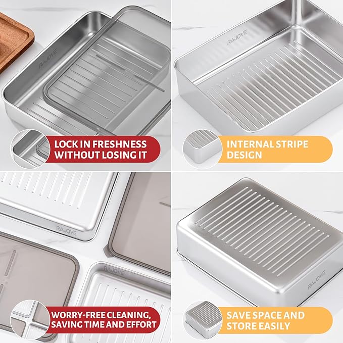 3 Pack Deepen Bacon Storage Containers for Fridge, 304 Stainless Steel Food Storage Container With Removable Drain Tray, Deli Meat Containers with Lids, Dishwasher Safe, Keeps Fruits, Vegetables Fresh