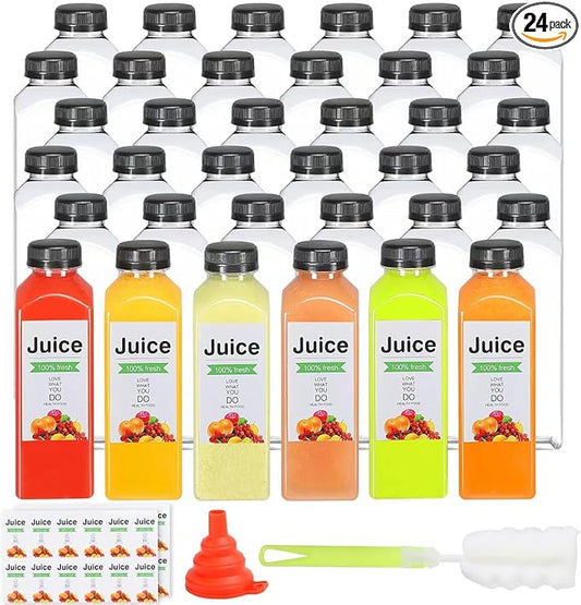 16oz Empty Juice Bottles with Caps, Pack of 24 Reusable PET Plastic Clear Water Bottle Recyclable Drink Bulk Containers with Leak-Proof Lids for Juice Water Milk and Beverages