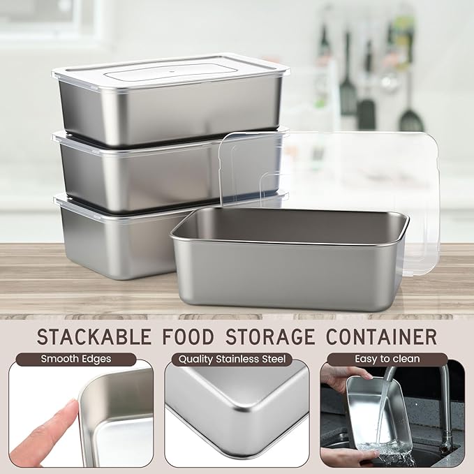 12 Pcs Stainless Steel Food Storage Containers with Lids, 54 Oz Metal Lunch Bento Box Reusable Stackable Meal Prep Container for Kitchen Picnic Travel, Freezer& Dishwasher Safe