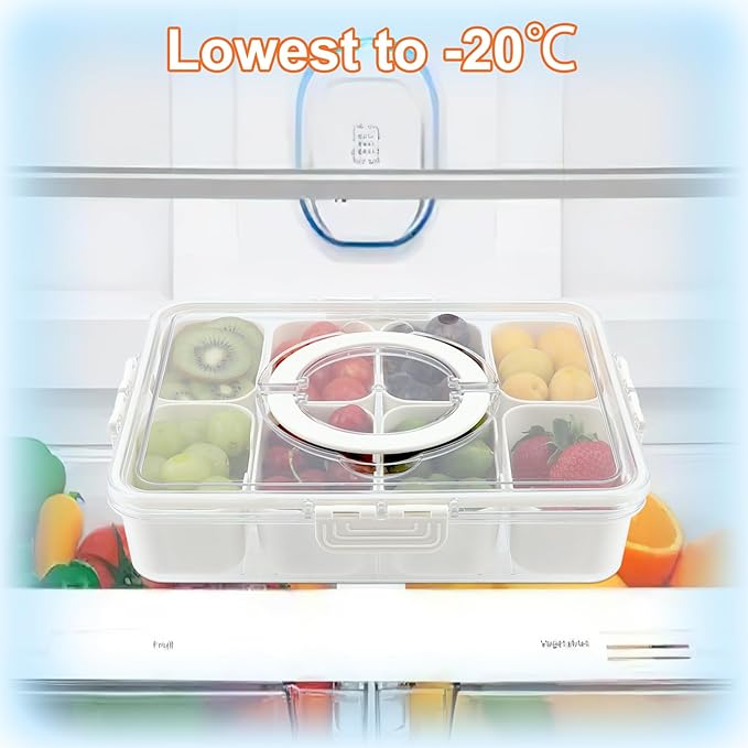 Divided Snackle Box Charcuterie Container with Lid and Handle, Portable Snack Serving Tray with 8 Compartments for traveling, Party, Fruit, Nuts, Candy, Entertaining, Picnic, 2 Pack