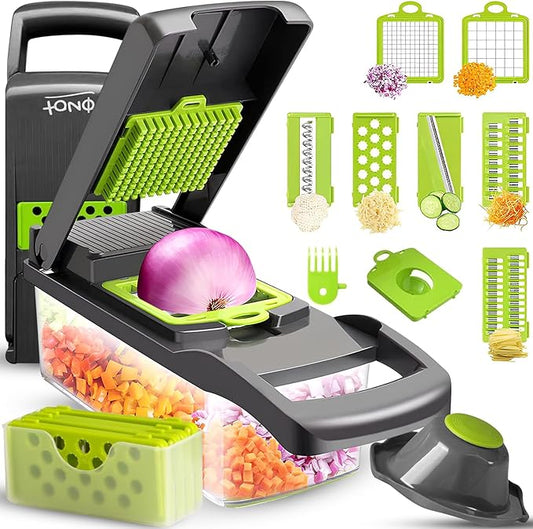 12 in 1 multifunctional Chopper with container, x Blade Vegetable chopper, Egg slicer, Onion Mincer, Cheese slicer, Dicer, Cutter, French fry cutter, Normal, green and gray