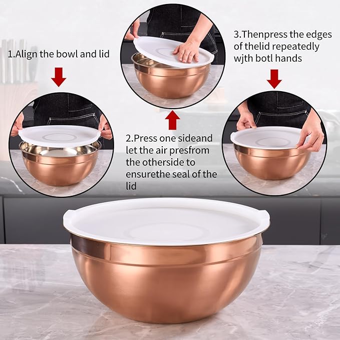 Rose Gold Mixing Bowls with Lids Set of 5, Stainless Steel Nesting Bowl with Khaki Lid for Non-slip Mixing Prepping Storing Serving, 5 Sizes-5.5/3.6/2.7/2.1/1.5 QT