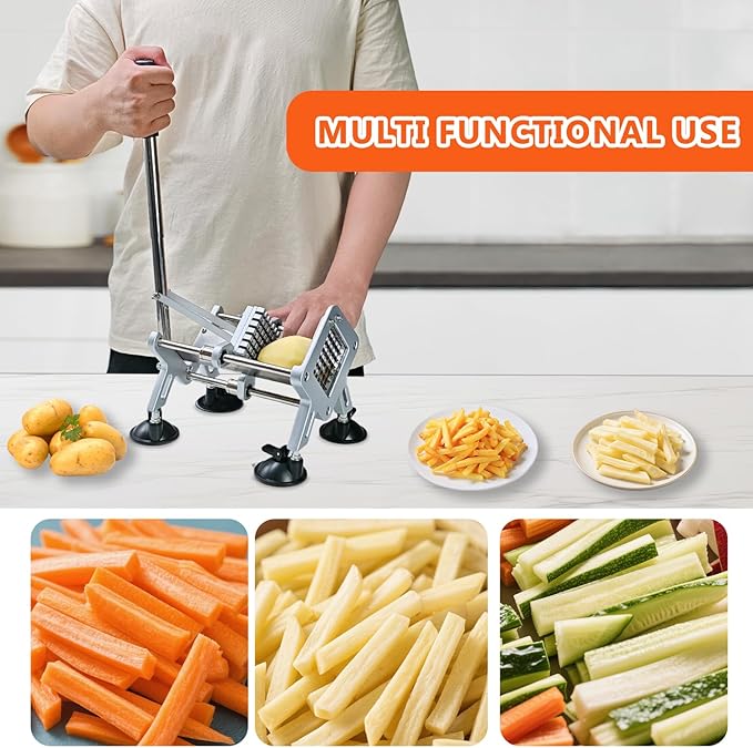 French Fry Cutter, Professional Potato Cutter Slicer with 1/2 &3/8In Stainless Steel Blades, Upgraded Suction Cups for Whole Potatoes Carrots Cucumbers