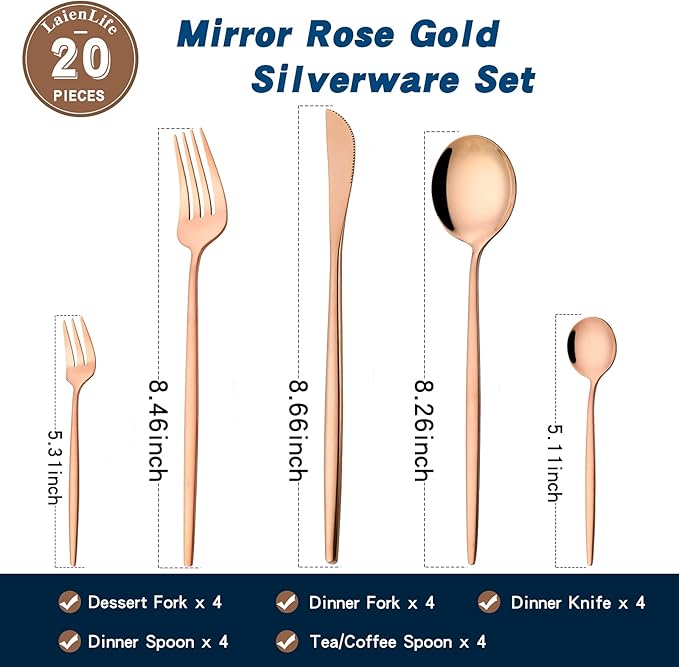 Rose Gold Silverware Set for 4, 20-Piece Modern Stainless Steel Flatware Set, LaienLife Cutlery Set with Forks Spoons Knives, Mirror Polished Rose Gold Utensils for Home Restaurant, Dishwasher Safe