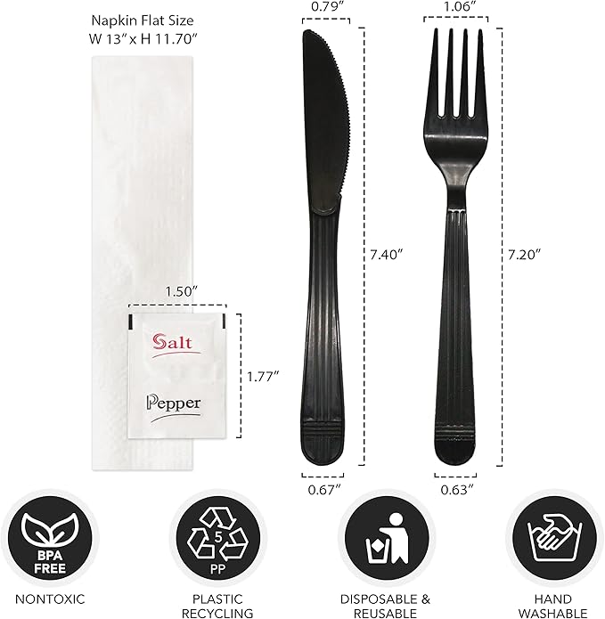 Party Essentials Individually Wrapped Black Plastic Utensil Sets/Heavy Duty Flatware Packs, Fork/Knife/Napkin/Salt/Pepper, 100 Sets