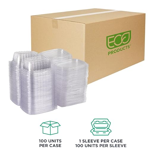 ECO PRODUCTS Compostable 12oz Clear Rectangular Deli Containers With Lids, Pack of 100, Meal Prep, Made from PLA Plastic, A Renewable Material Made from Plants, One Lid For All