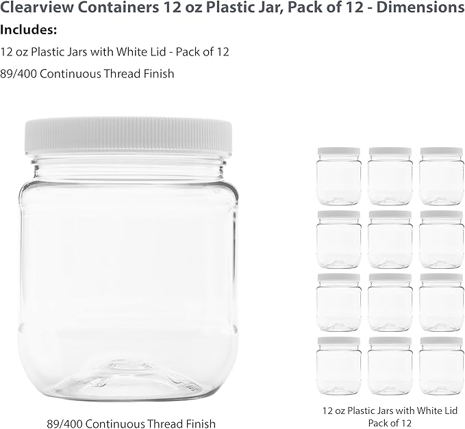 12 Pack of 12 Ounce Plastic 1.5 Cup Jars with 70RM Leak Proof Seal Lid - Food Grade and BPA Free (12oz, 12pk)