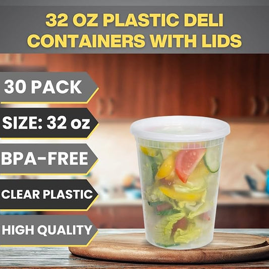 Smygoods 32oz Plastic Deli Containers with Lids - 30ct, Stackable, Leakproof, BPA Free, Clear